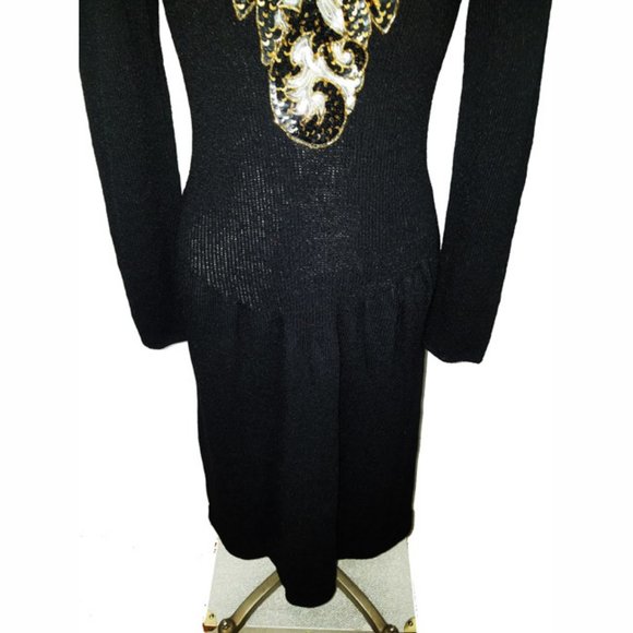 Vtg 80s Santana Knit beaded sequined Bodice Dress 12 - Picture 6 of 11